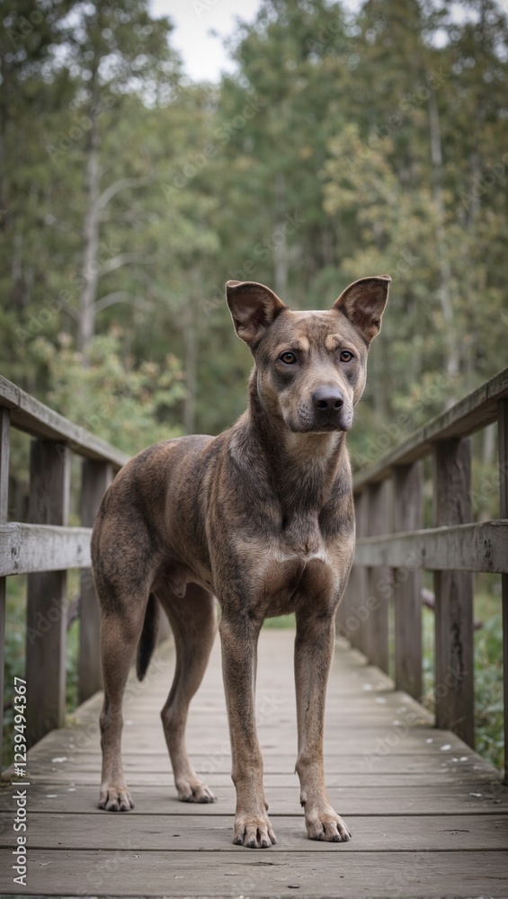 Naklejka premium Adorable dog on rustic wooden bridge