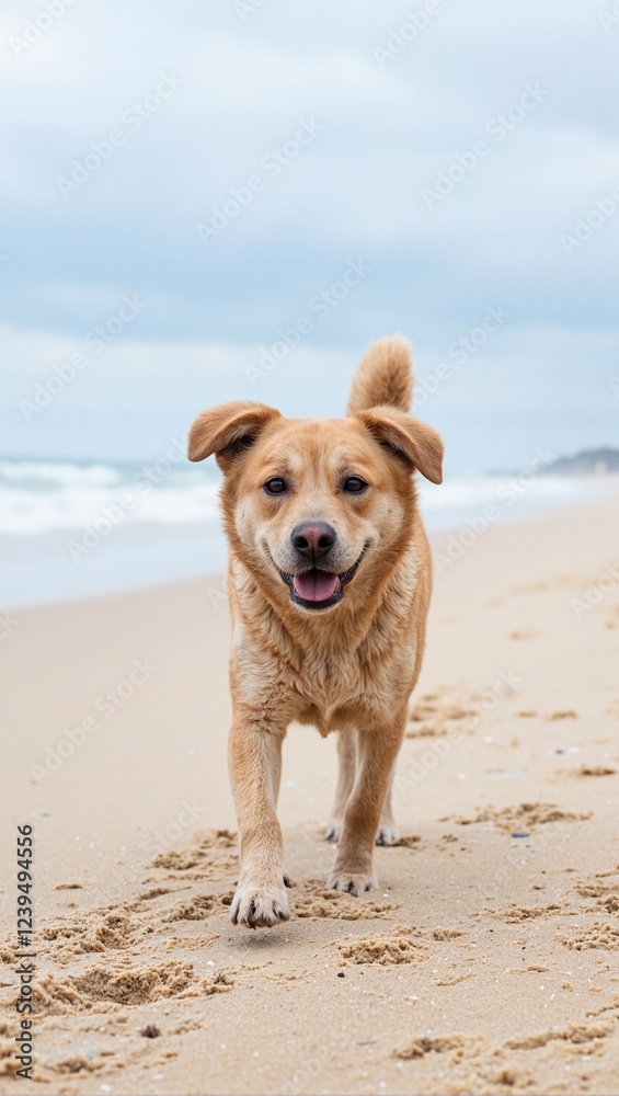 Energetic dog sprinting on sandy shore Energetic dog sprinting on sandy shore