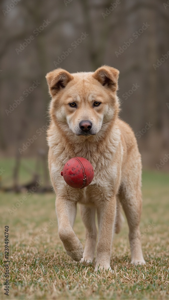 Playful dog with red ball in mouth ready for fetch Playful dog with red ball in mouth ready for fetch