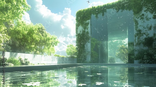 A serene architectural scene with a mirrored pool, lush greenery, and vertical garden features, creating a peaceful and sustainable space. photo