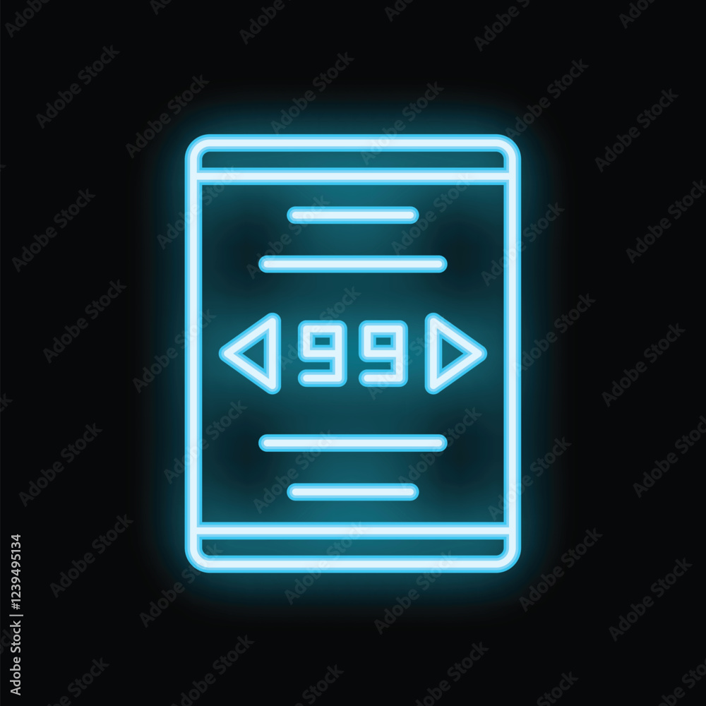 Bright neon smartphone displaying number 999 and arrows, suggesting navigation or selection, against a dark background Bright neon smartphone displaying number 999 and arrows, suggesting navigation or selection, against a dark background