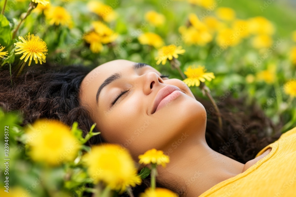 Woman is laying in a field of yellow flowers, smiling and looking relaxed Woman is laying in a field of yellow flowers, smiling and looking relaxed