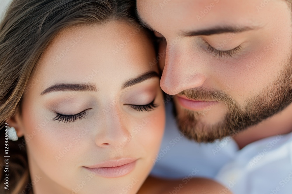 Man and woman are embracing each other, with the woman's eyes closed Man and woman are embracing each other, with the woman's eyes closed