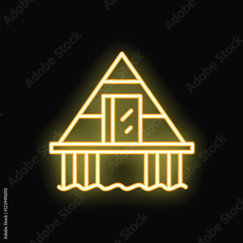 Glowing neon line icon of a bungalow with a pitched roof built on stilts over water