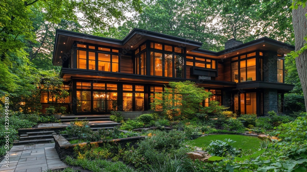 Nestled among lush greenery, elegant design shines through as warm lights glow from within a modern, multi-level home at twilight, inviting a sense of tranquility and comfort amidst nature Nestled among lush greenery, elegant design shines through as warm lights glow from within a modern, multi-level home at twilight, inviting a sense of tranquility and comfort amidst nature