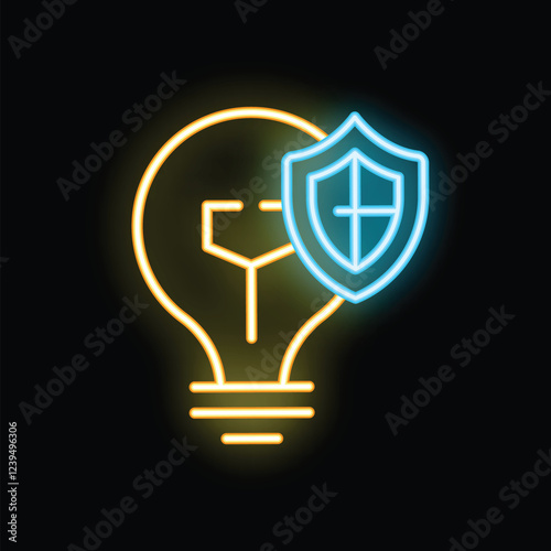 Glowing neon lightbulb with a protective shield symbolizing the concept of intellectual property rights