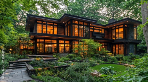 Nestled among lush greenery, elegant design shines through as warm lights glow from within a modern, multi-level home at twilight, inviting a sense of tranquility and comfort amidst nature