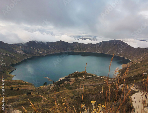 Quilotoa Lagoon in Ecuadorian mountains