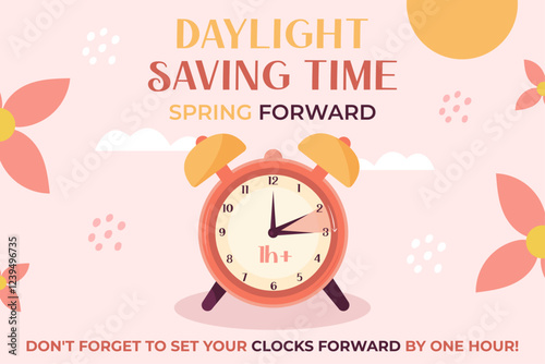 Daylight saving time. Spring forward. Clock forward one hour. Vector illustration.