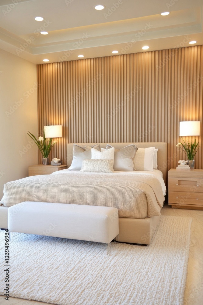 Fototapeta premium Cozy organic modern bedroom, oversized boucle bed in warm taupe, textured oak slat accent wall with vertical LED strips, floating travertine nightstands