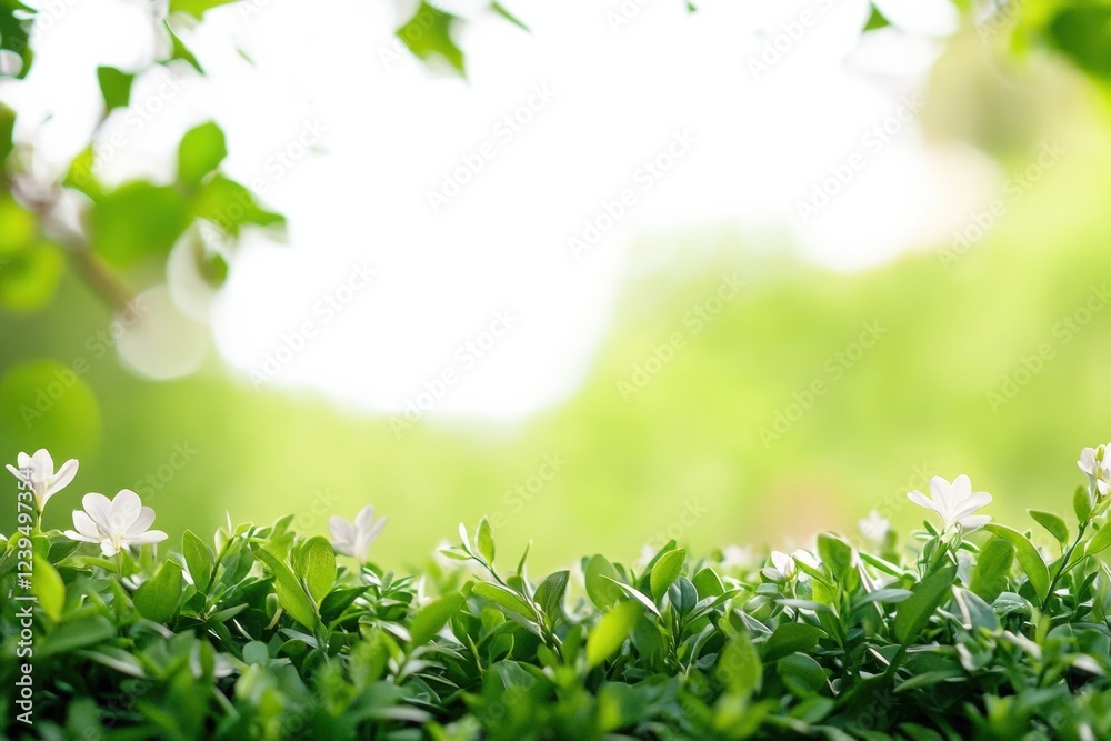 Obraz premium Vibrant green foliage with delicate white flowers captured in a serene garden setting during daylight. Generative AI