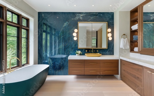 Jewel toned spa bathroom, deep sapphire blue marble accent wall, floating walnut vanity with gold basin sink, oversized mirror with hidden backlight