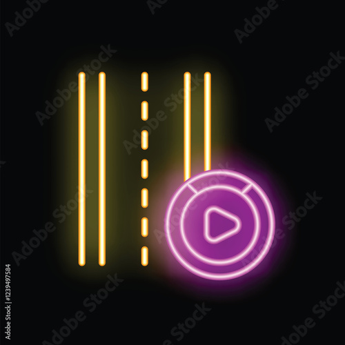 Neon icon of self driving electric or autonomous vehicle driving on a road, futuristic concept