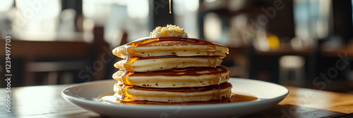 Person showcasing a beautiful stack of pancakes drizzled with syrup on a cozy cafe background  photo