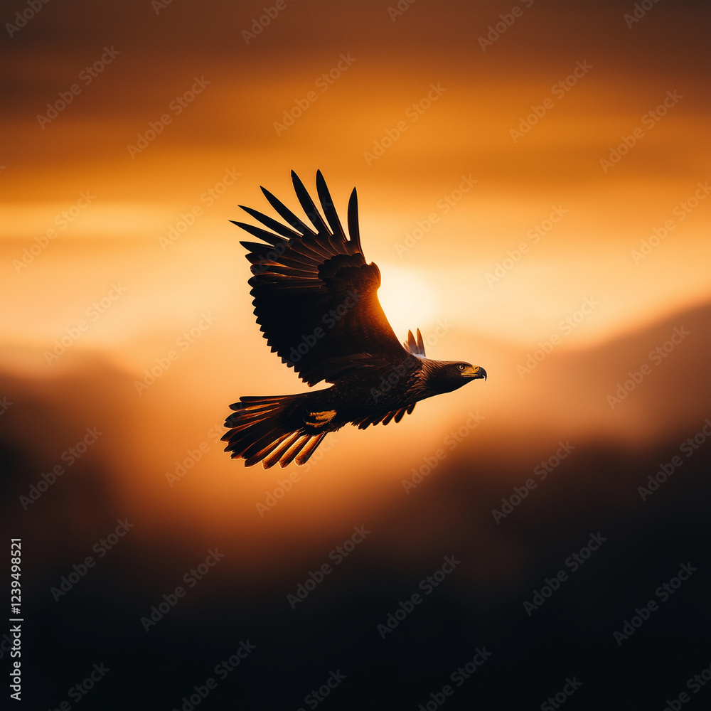 Obraz premium Majestätischer Adler im Flug vor dramatischem Sonnenuntergang