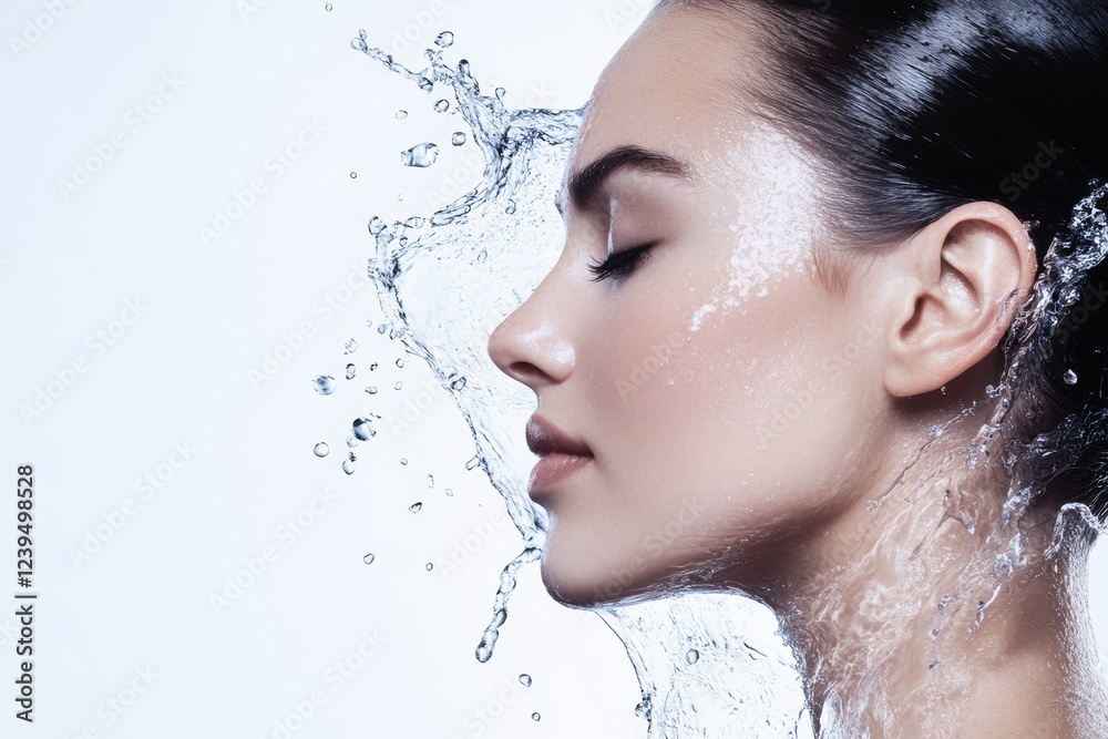 Naklejka premium Woman's face is splashed with water, creating a refreshing