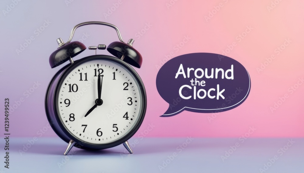 Midnight striking a classic alarm clock with Around the Clock message Midnight striking a classic alarm clock with Around the Clock message
