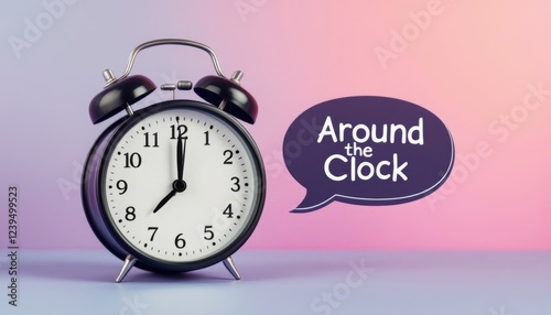 Midnight striking a classic alarm clock with Around the Clock message photo