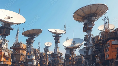 Satellite dishes on towers in urban area; communication or technology background