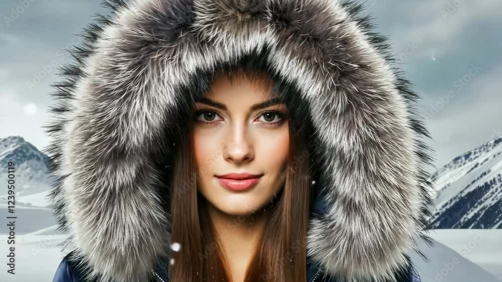 Confident woman in fur hood amidst snowy mountain landscape Confident woman in fur hood amidst snowy mountain landscape