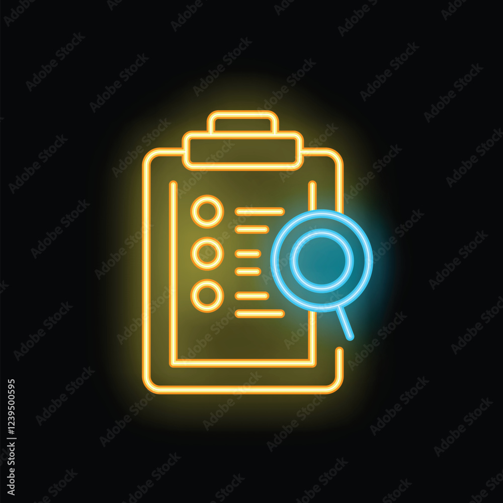 Bright neon icon showing magnifying glass examining checklist on clipboard representing auditing process Bright neon icon showing magnifying glass examining checklist on clipboard representing auditing process