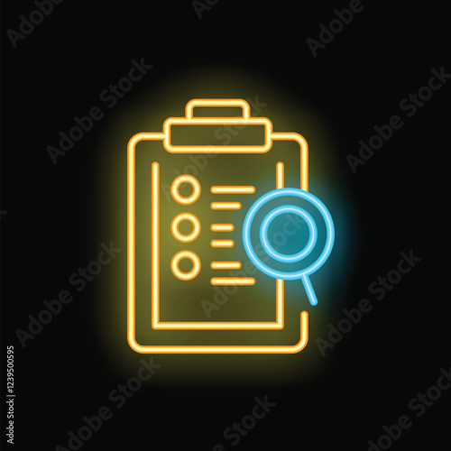 Bright neon icon showing magnifying glass examining checklist on clipboard representing auditing process
