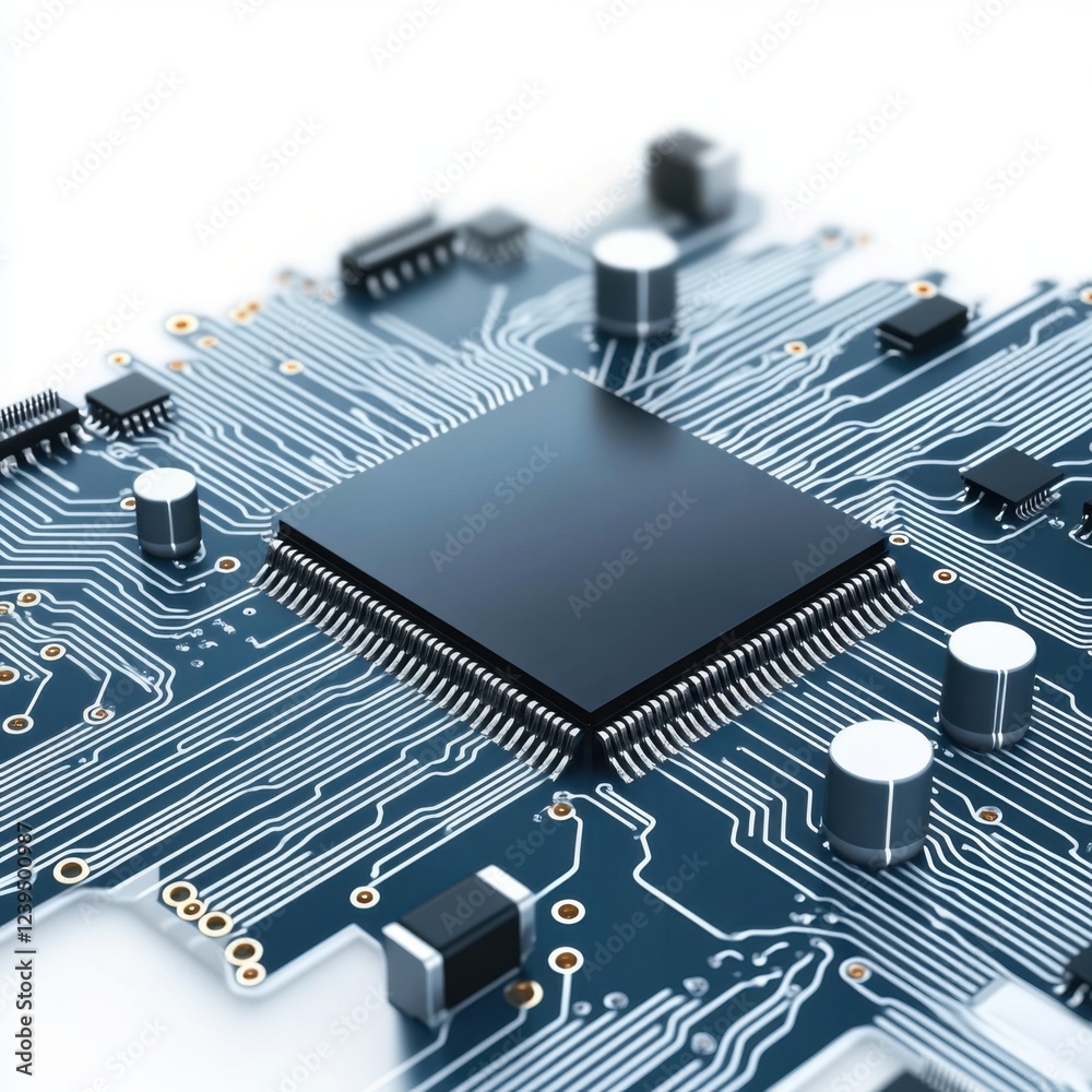 Close-Up of Computer Circuit Board with Microchip and Electronic Components for Technology Background