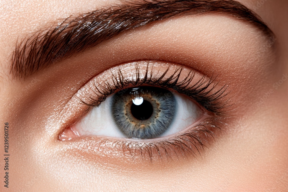 Fototapeta premium Woman's eye with a light brown eyebrow and a light brown eye shadow