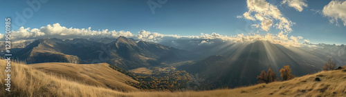Super Ultrawide Panoramatic View Of Mountine Peaks Landscape With Sunrise