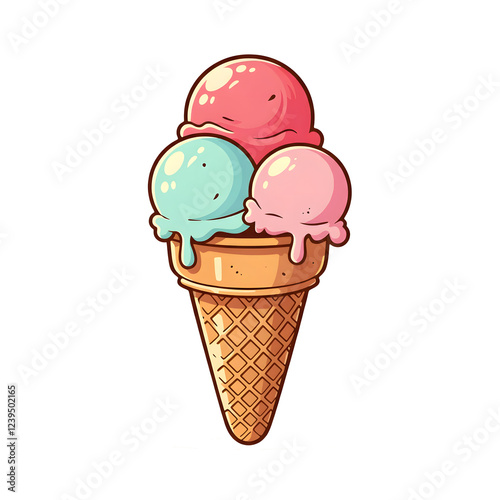 Cartoon ice cream cone cut out illustration with triple scoops of colorful flavors isolated on transparent background
