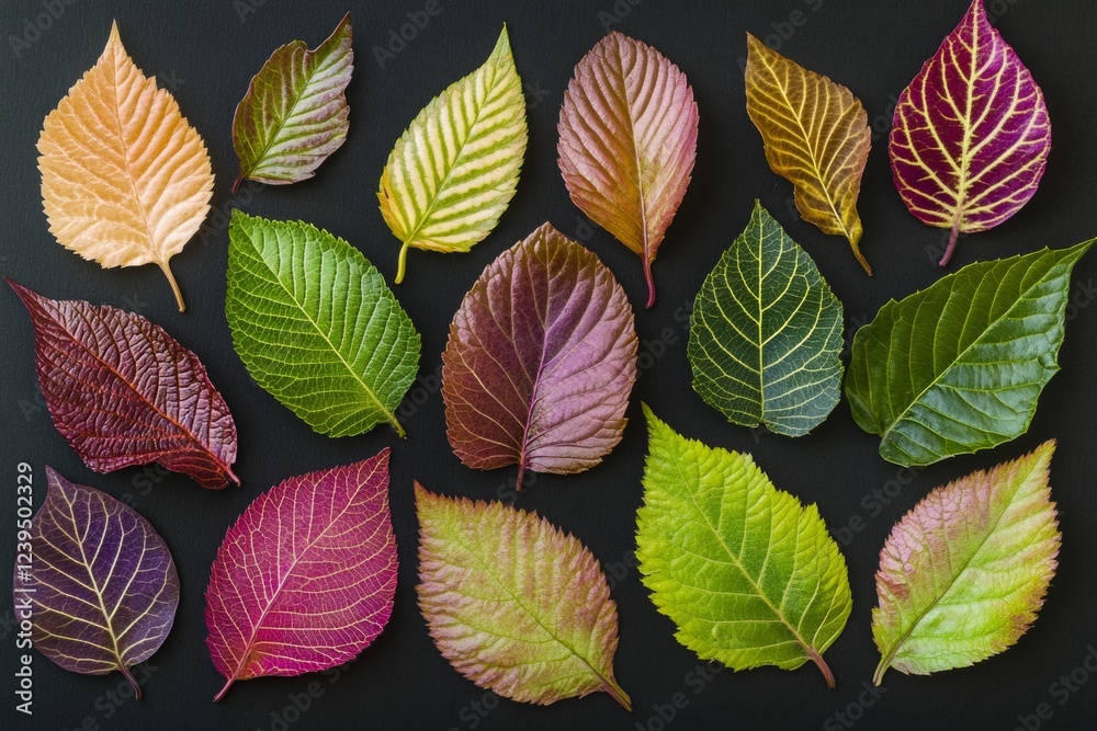 Naklejka premium Close-up view of a vibrant collection of seedling leaves exhibiting various shapes and colors, arranged artistically against a dark backdrop. Each leaf showcases intricate textures and patterns