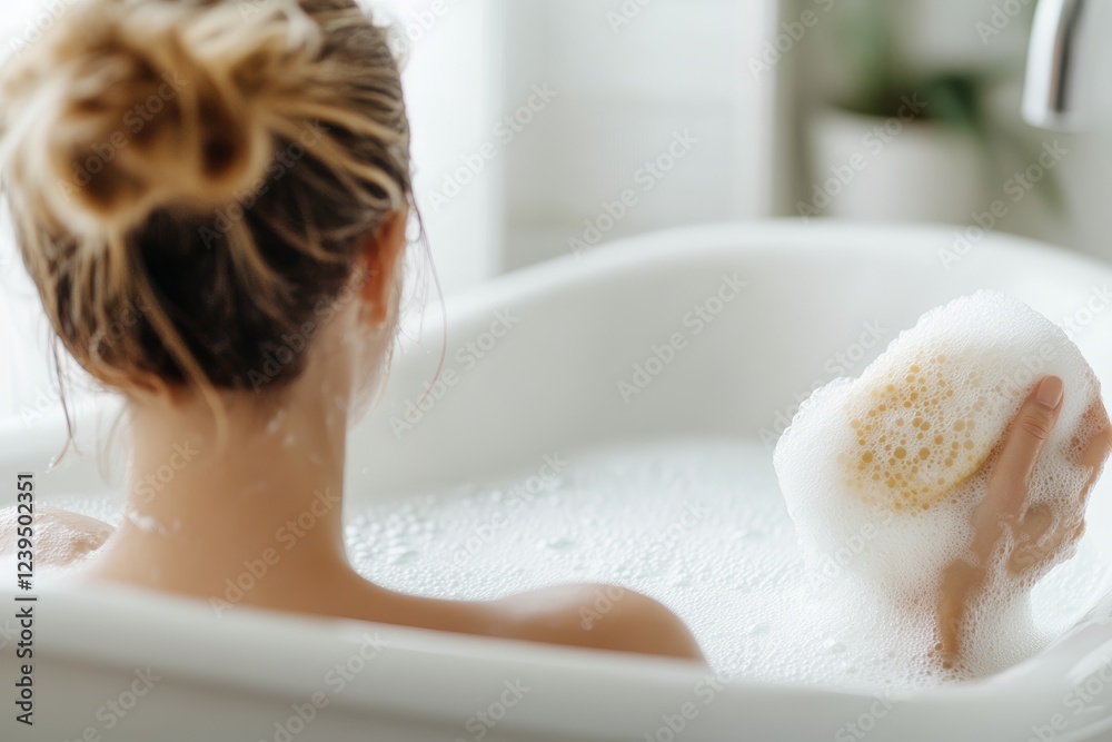 Naklejka premium Woman is in a bathtub with a loofah in her hand