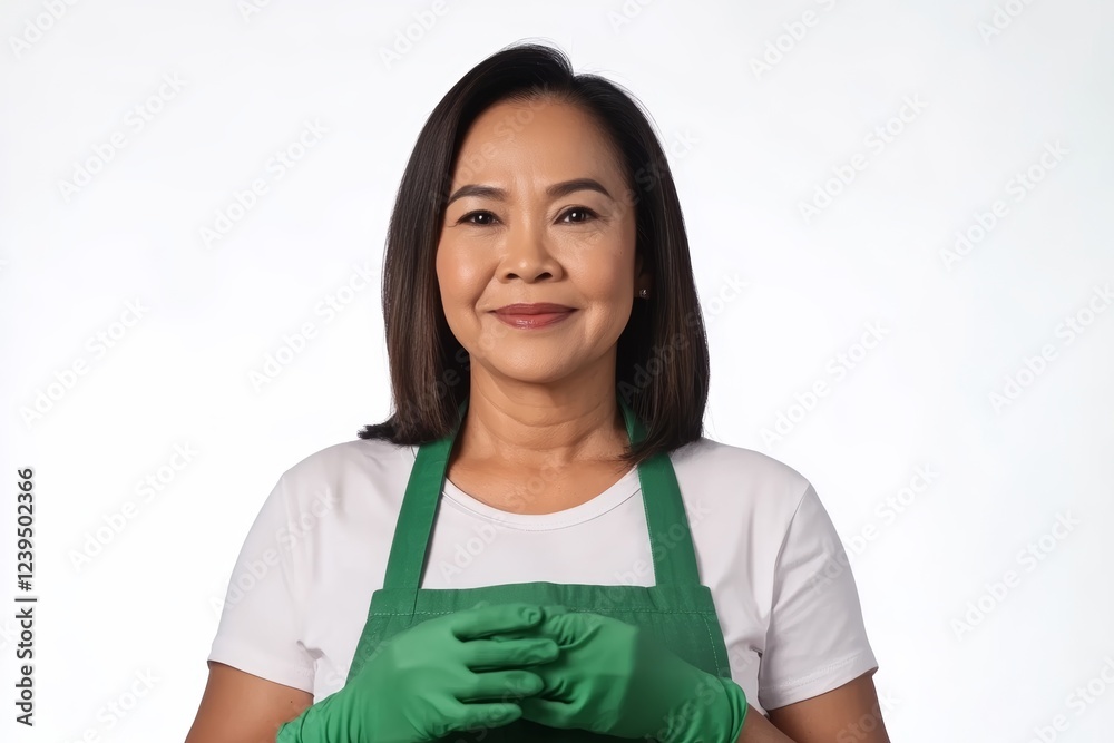 Asian female mature chef in green apron and gloves smiling confidently Asian female mature chef in green apron and gloves smiling confidently