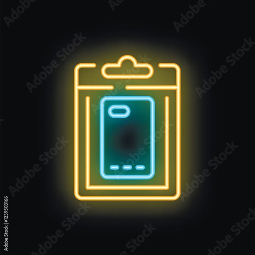 Neon sign illustrating a smartphone in a blister pack, evoking the concept of buying a new mobile phone