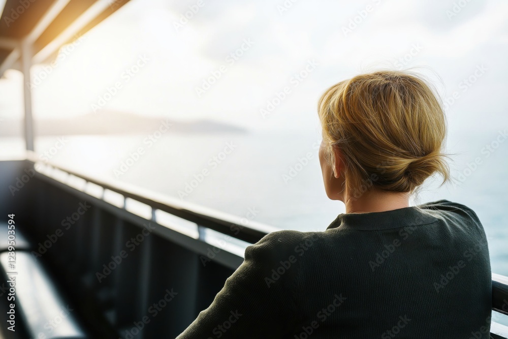 Fototapeta premium Radiant tourist woman enjoys breathtaking sunset on luxurious cruise ship deck over the Mediterranean Sea