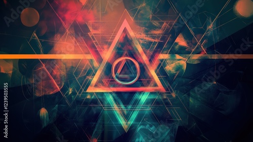 Abstract geometric artwork with triangle and circle shapes on a textured background