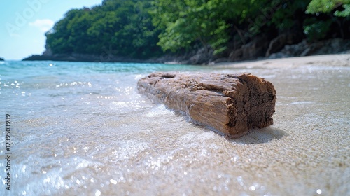 Driftwood on tropical beach, turquoise water, lush greenery photo