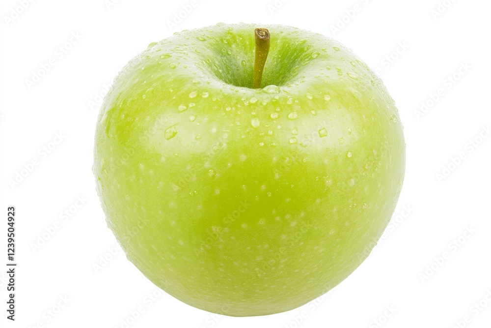 Fresh green apple with water droplets on white background Fresh green apple with water droplets on white background