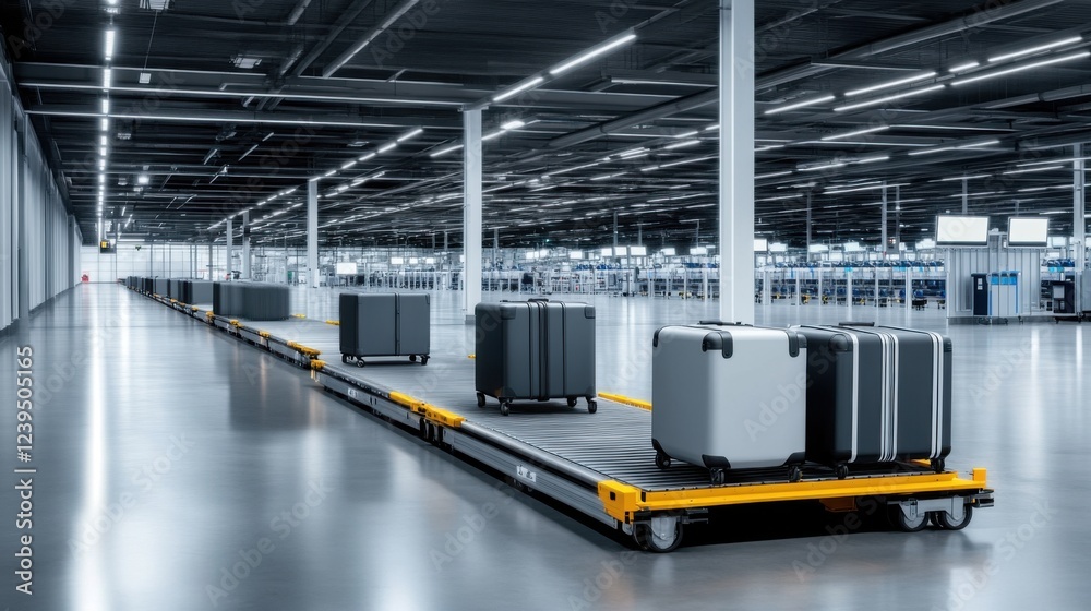 Modern Baggage Handling System with Suitcases on Conveyor in Empty Airport Terminal Area Modern Baggage Handling System with Suitcases on Conveyor in Empty Airport Terminal Area