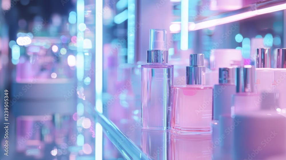 Luxury perfume bottles arranged under neon lighting Luxury perfume bottles arranged under neon lighting