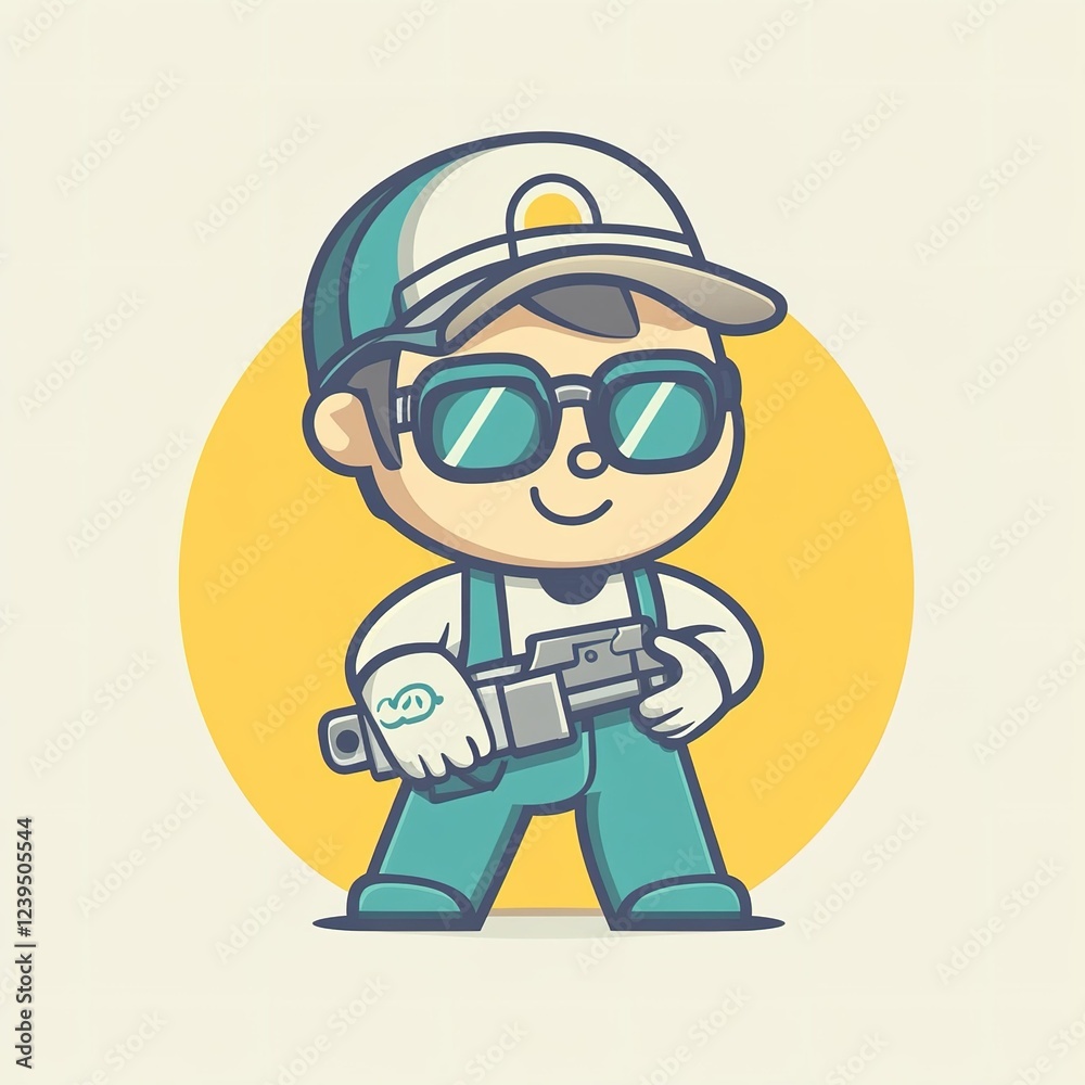 a worker mascot for a futuristic manufacturing company, simple, line art, iconic, vector art, flat design, sky blue theme, creamy beige background a worker mascot for a futuristic manufacturing company, simple, line art, iconic, vector art, flat design, sky blue theme, creamy beige background