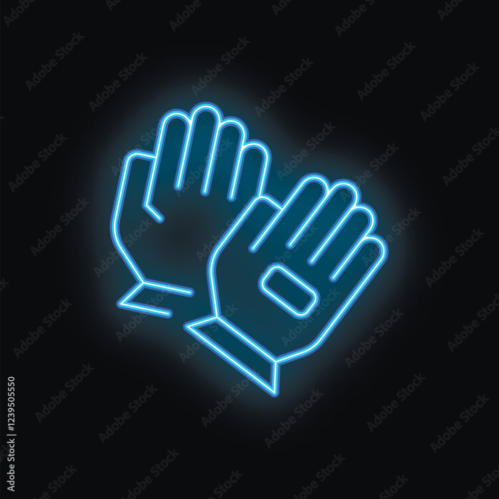 Obraz premium Blue neon sign glowing gloves on a dark background illustrating concepts of safety, workwear and manual labor