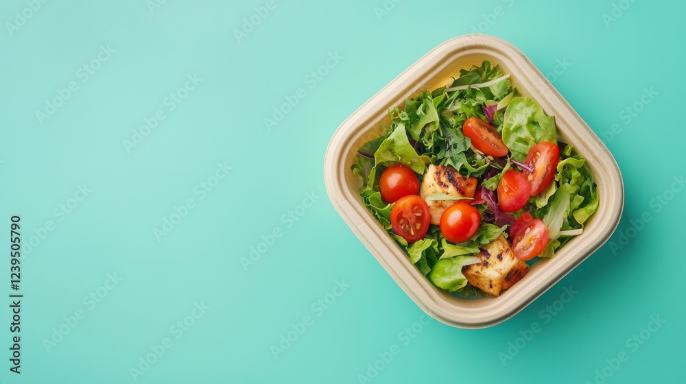 Healthy fresh salad in a bowl on a pastel blue background Healthy fresh salad in a bowl on a pastel blue background