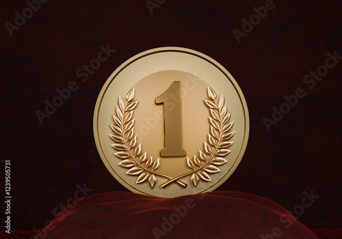 Gold medal on a velvet stand. Red background. 3D render.