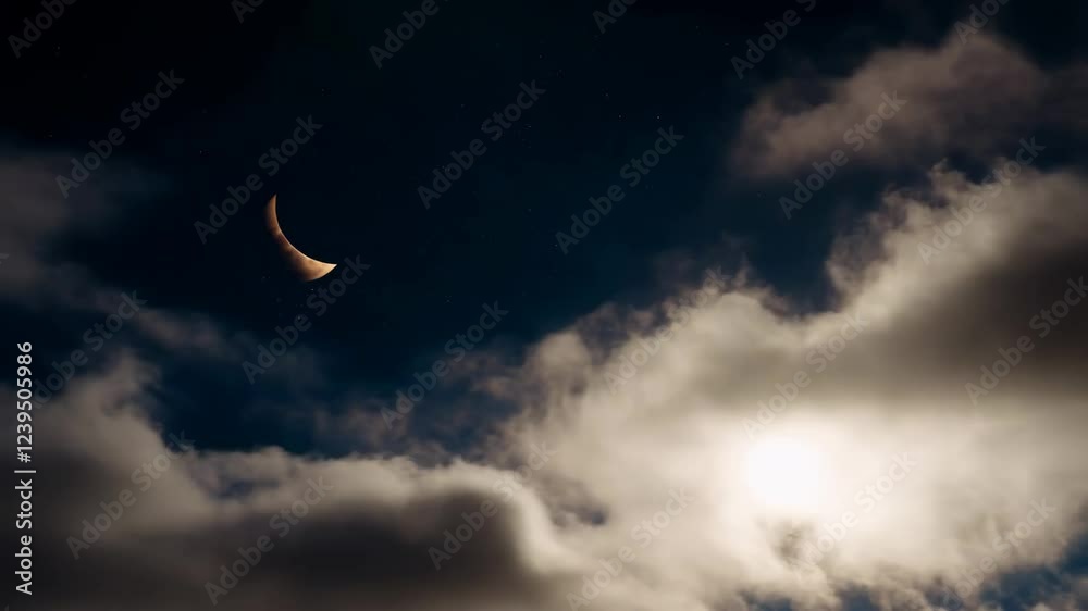 Dramatic night sky with moon phases and clouds. Timelapse of lunar cycle from crescent to half moon. Mystical atmosphere for Halloween, astronomy event or Lunar New Year celebration Dramatic night sky with moon phases and clouds. Timelapse of lunar cycle from crescent to half moon. Mystical atmosphere for Halloween, astronomy event or Lunar New Year celebration