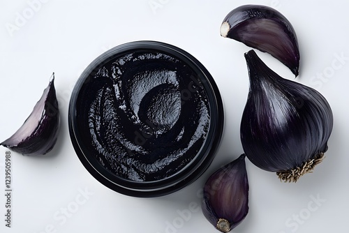 Black Garlic Paste in Jar with Fresh Black Garlic Cloves Skincare Food or Beauty Product photo