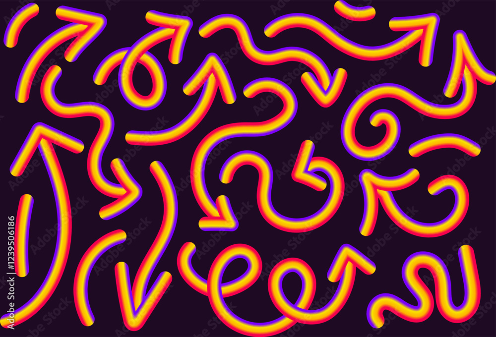 vibrant neon vector design featuring arrows in various shapes and directions. arrows have glowing gradient effect, combining light hues of yellow, orange, and pink on a dark background.