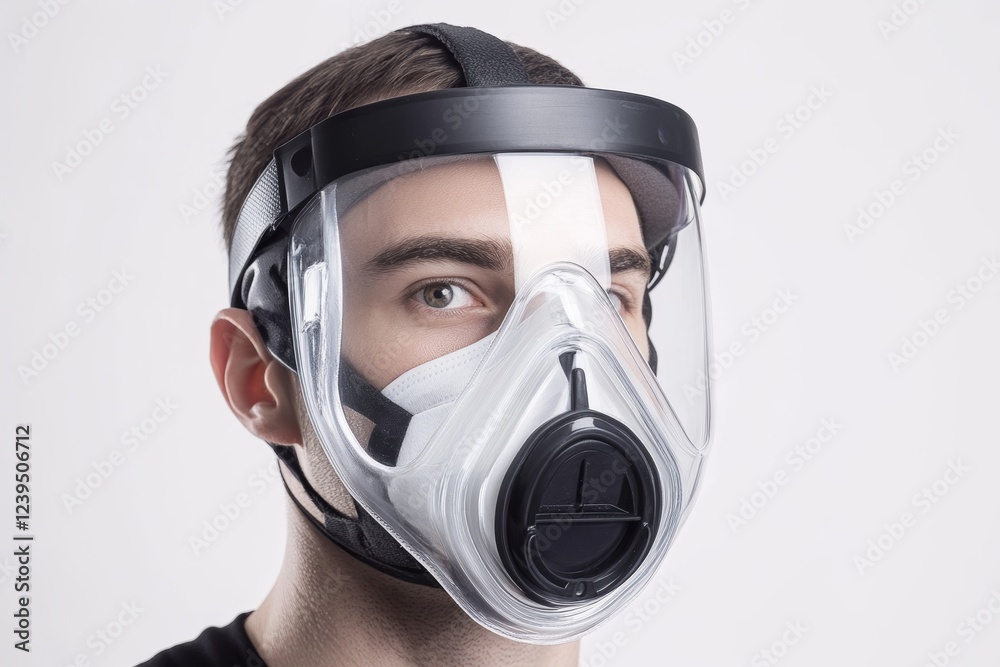 Young caucasian male wearing full-face respirator mask for safety protection Young caucasian male wearing full-face respirator mask for safety protection
