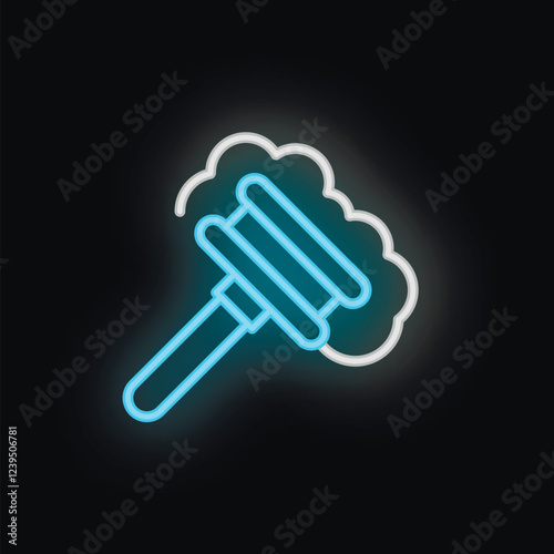 Blue and white neon icon of a plunger clearing a blocked sink with steam coming out on a black background