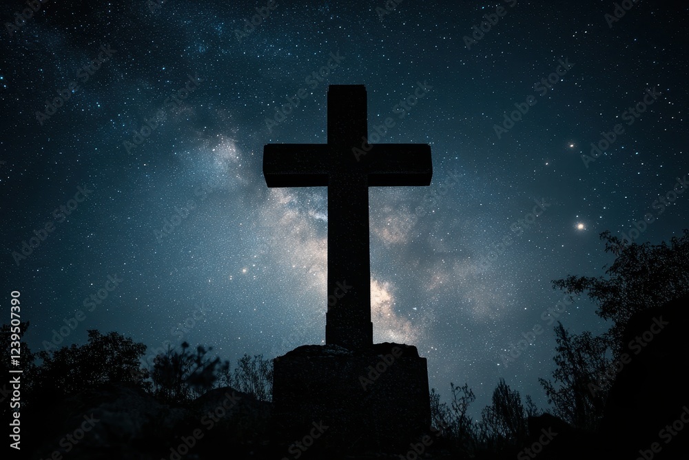 The outline of a cross symbolizing Christianity set against a starry night representing themes of God paradise and faith The outline of a cross symbolizing Christianity set against a starry night representing themes of God paradise and faith